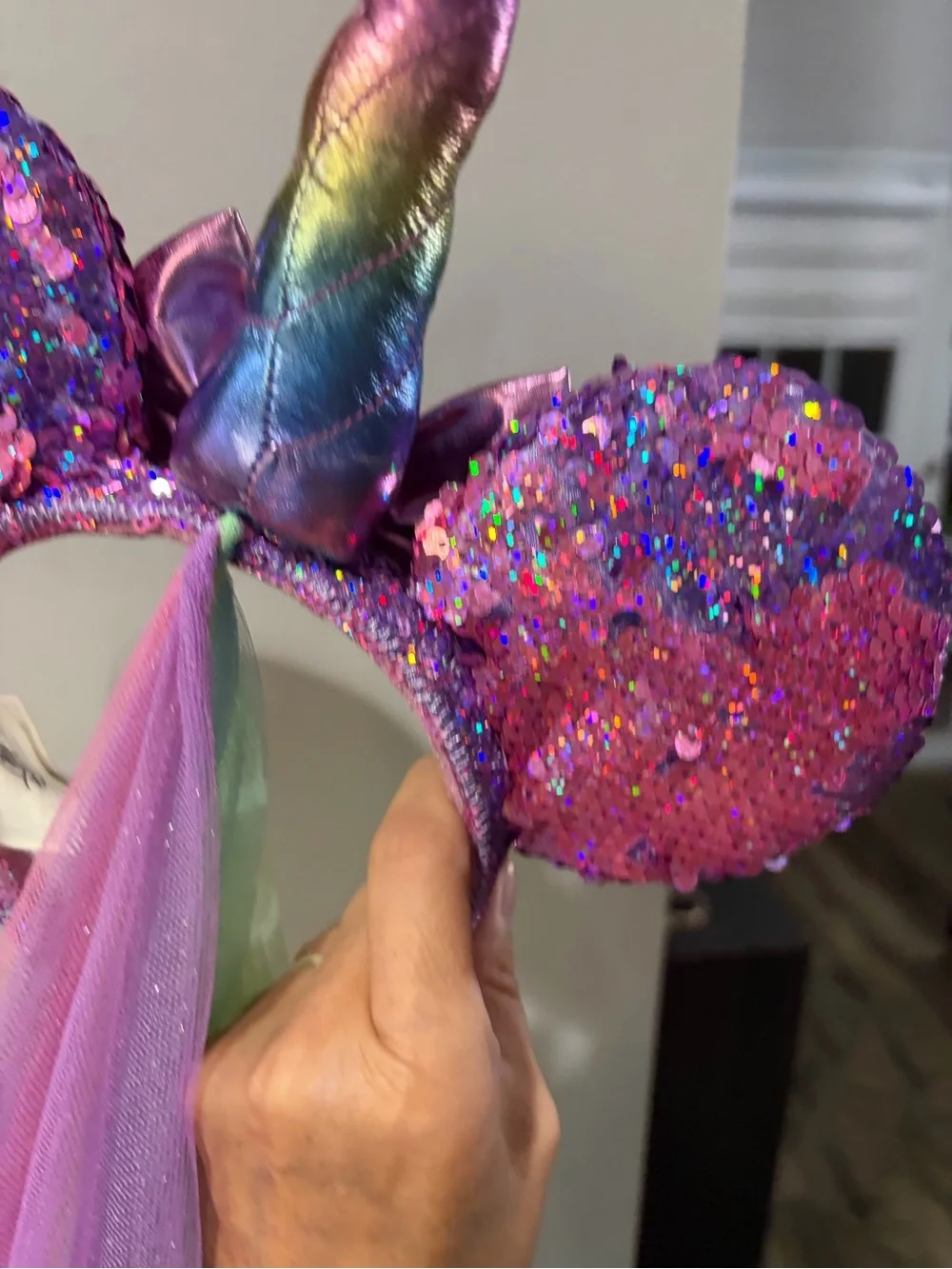 Disney Pink Sequin Unicorn Ear Headband with Rainbow Veil
